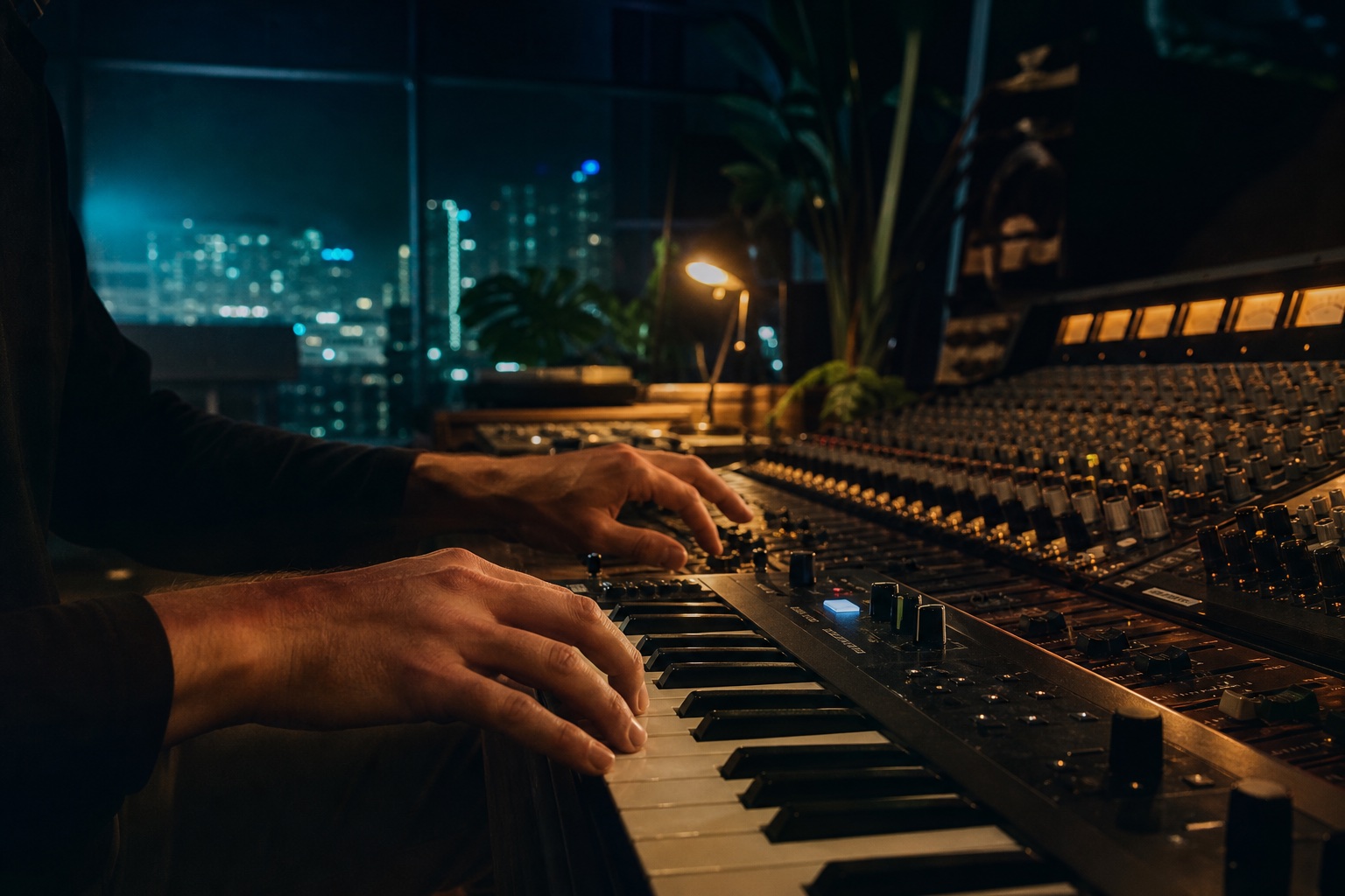 Hands composing at a keyboard inside a dark Miami music studio